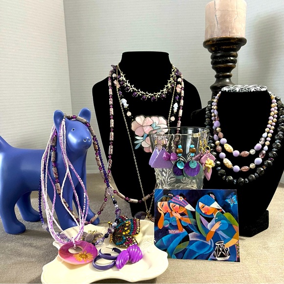 Jewelry - Lot of 16 Vintage Mixed Jewelry Items Purple/Blue/Grey Glass Stones Acrylic Etc